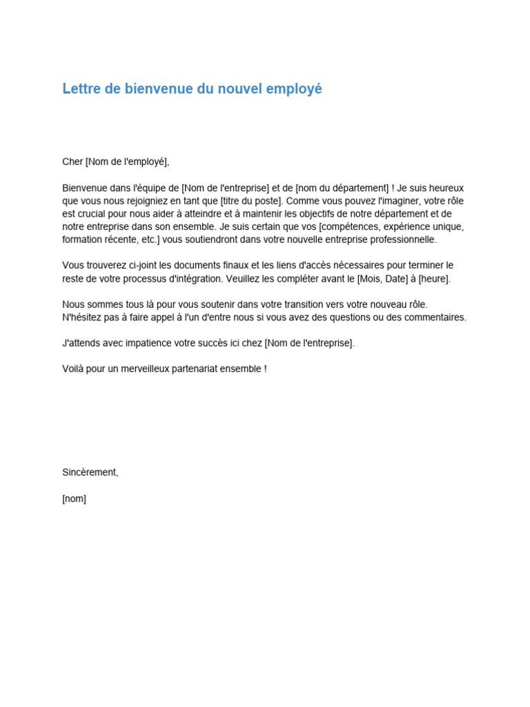 Lettre De Bienvenue Au Nouvel Employ PDF volution De Carri re