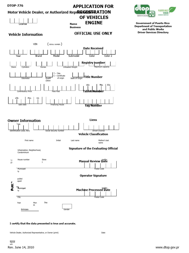 DTOP-776 SOL FOR MOTOR VEHICLE REGISTRATION Rev. June 14, 2010 | PDF ...