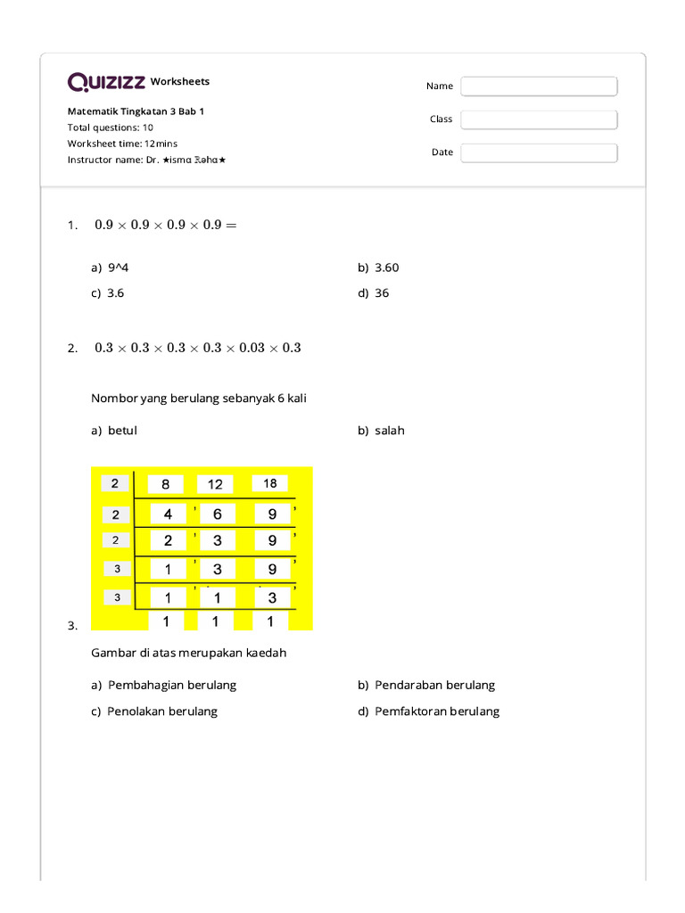 Matematik Tingkatan 3 Bab 1 - Quizizz | PDF