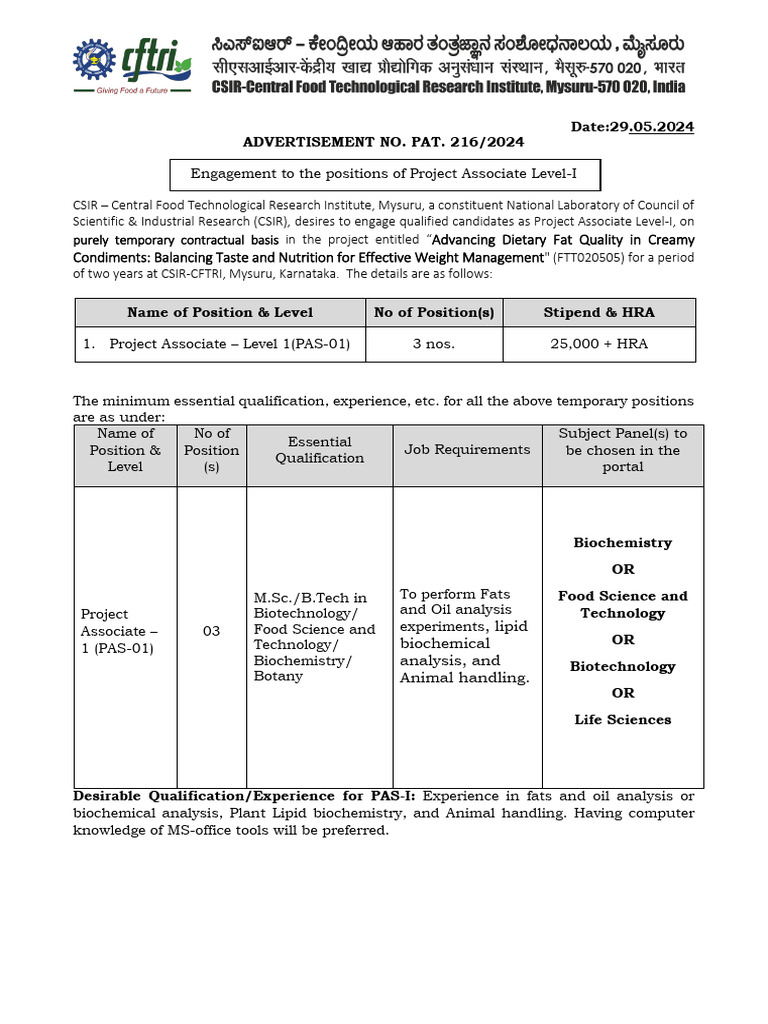 03 Project Associate I Posts Advt Details CFTRI | PDF | Food Science ...