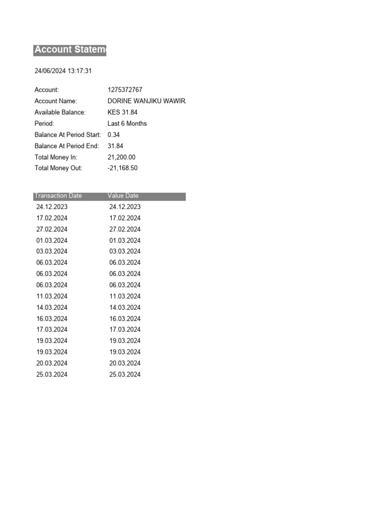 Dorine Wanjiku Wawira Account Statement | PDF | Financial Technology ...