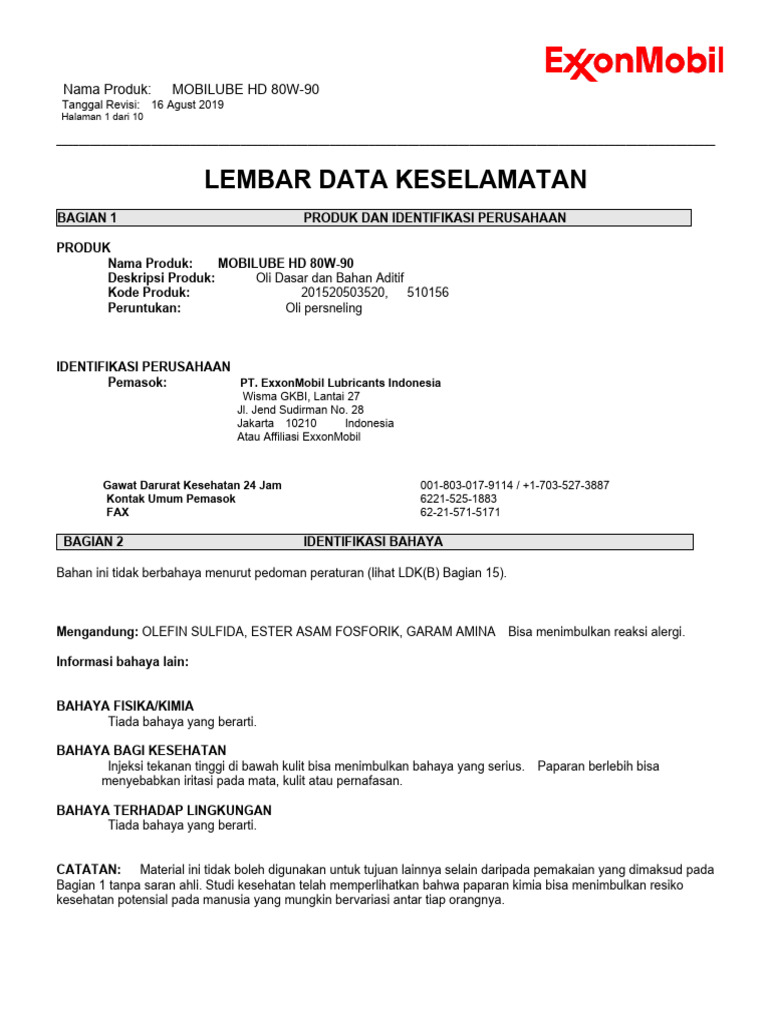 MSDS Mobilube HD 80W-90 | PDF
