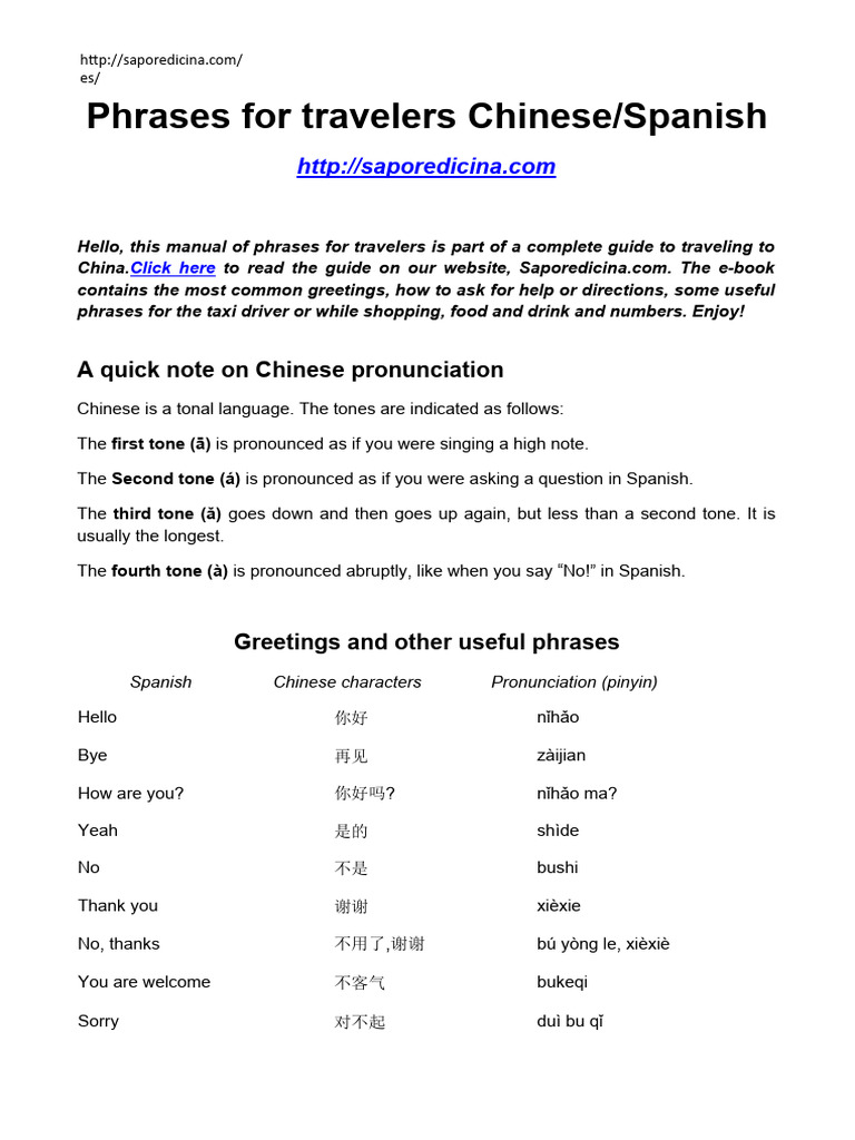 Essential Chinese Phrases for Travelers | PDF | Standard Chinese | Tone ...