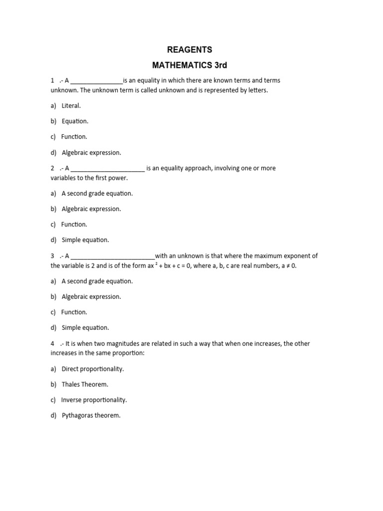 Third Grade Mathematics Plan Exam | PDF | Equations | Mathematical Concepts