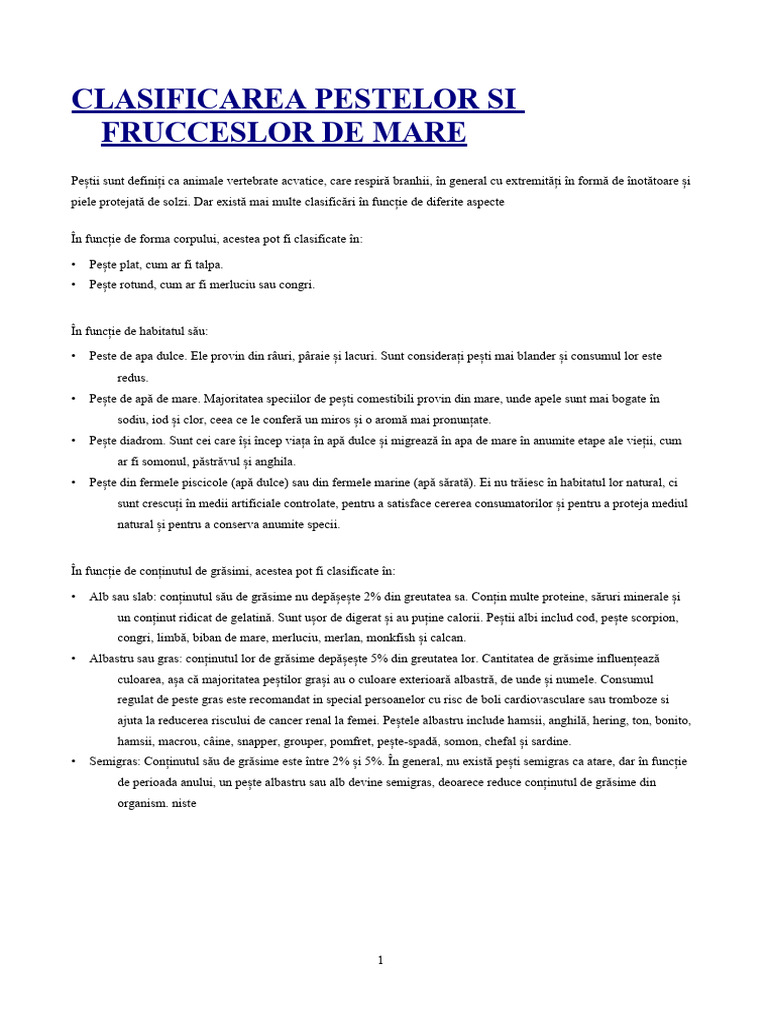 Clasificarea Peștilor Și Crustaceelor | PDF