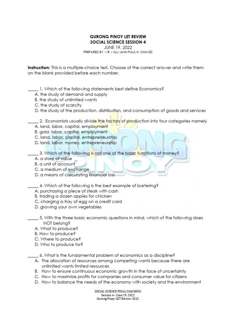 Gurong Pinoy Let Review Social Science Iv Pdf Economics Goods