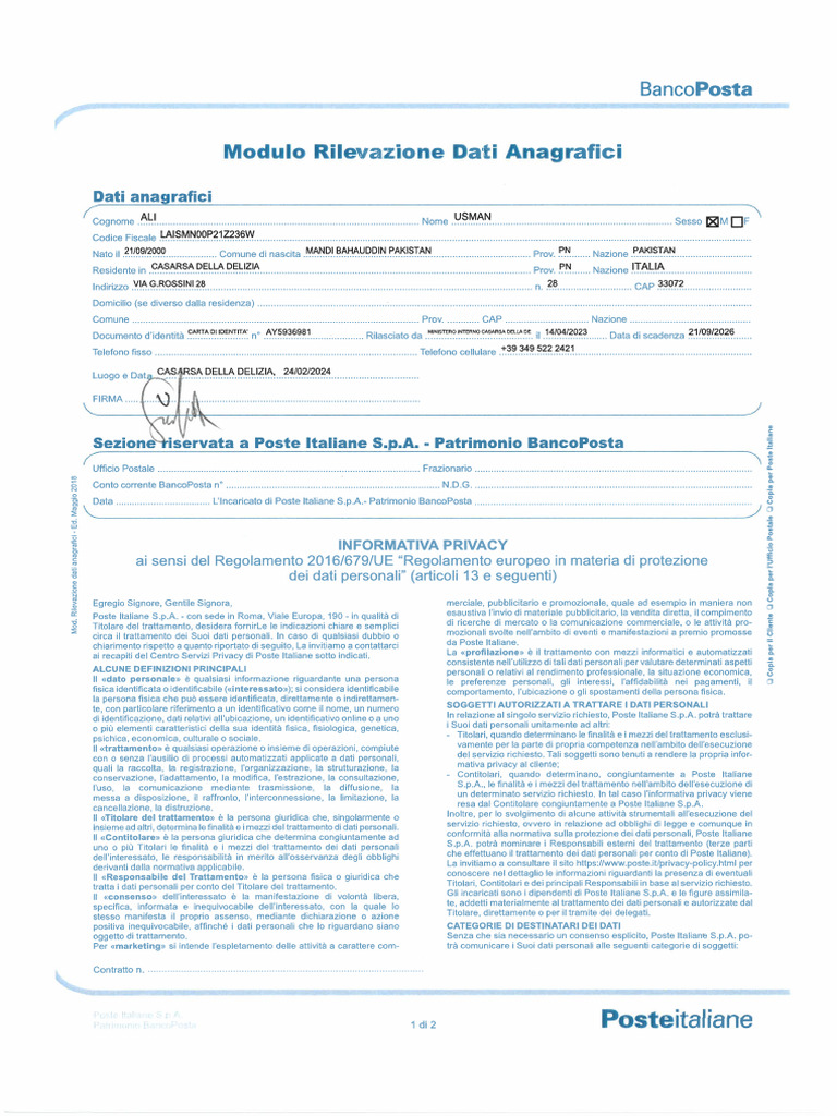 6 - Modulo Rilevazione Dati Anagrafici PF | PDF