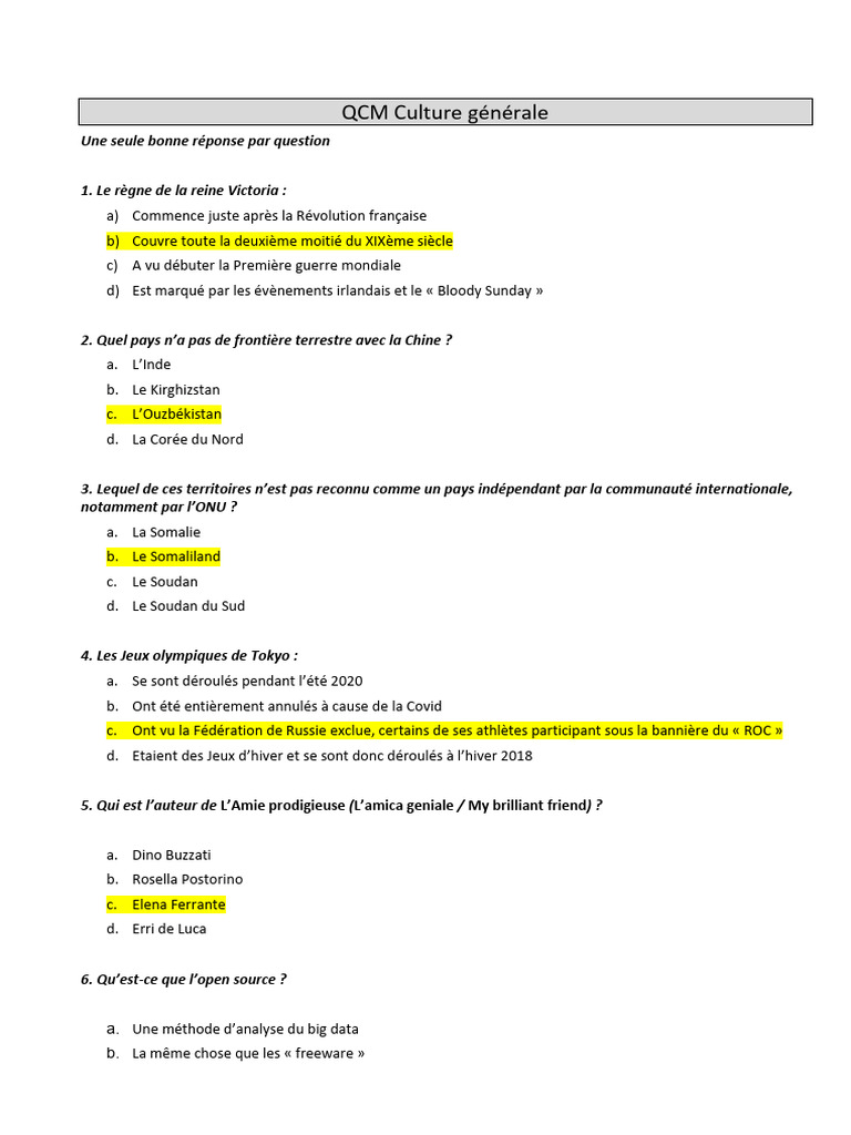 QCM de Culture Générale : Testez vos connaissances | PDF | France