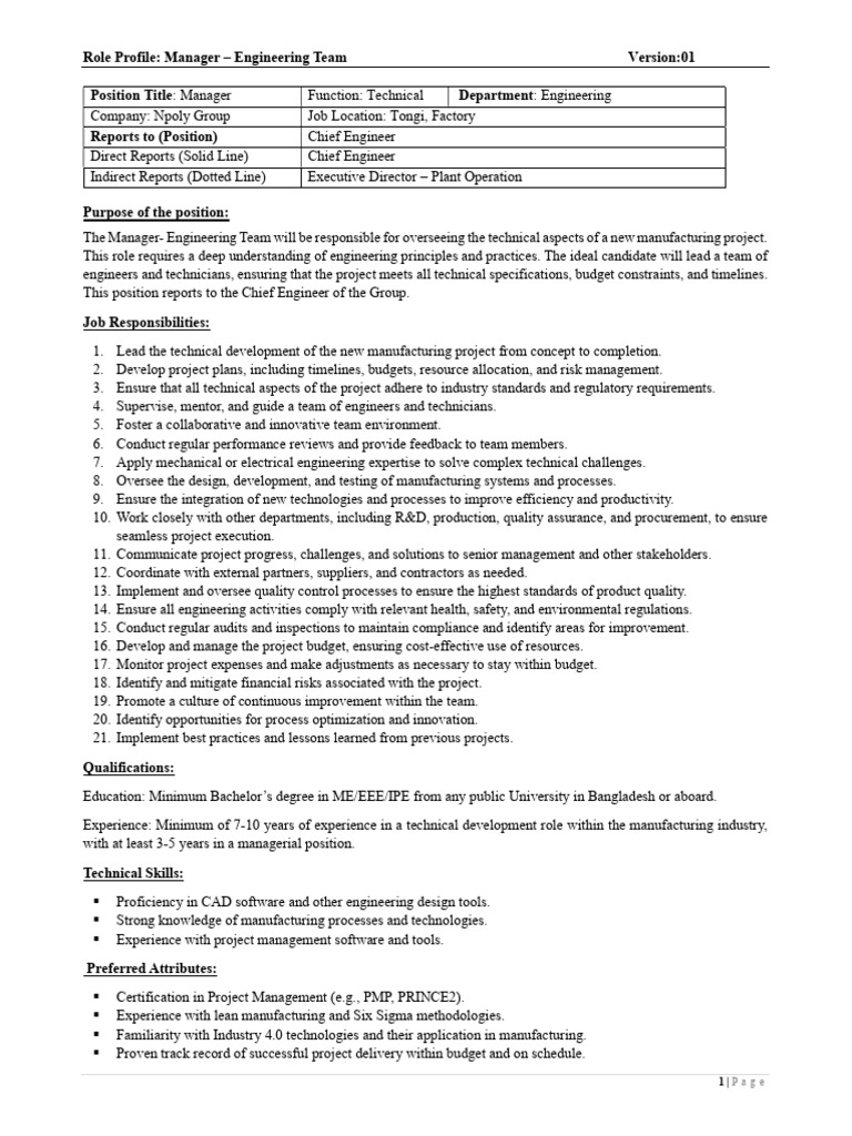 Engineering Team Manager Role Profile | PDF | Quality Assurance ...