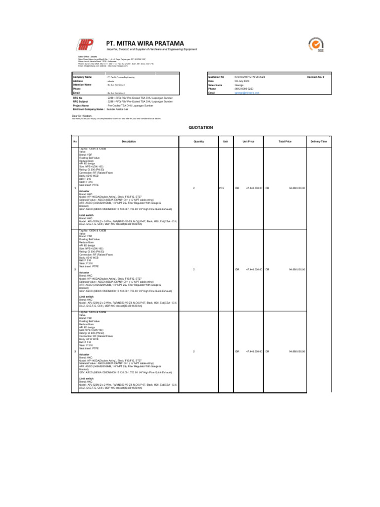 Quotation for Hardware Equipment Supply | PDF | Valve | Indonesian Rupiah