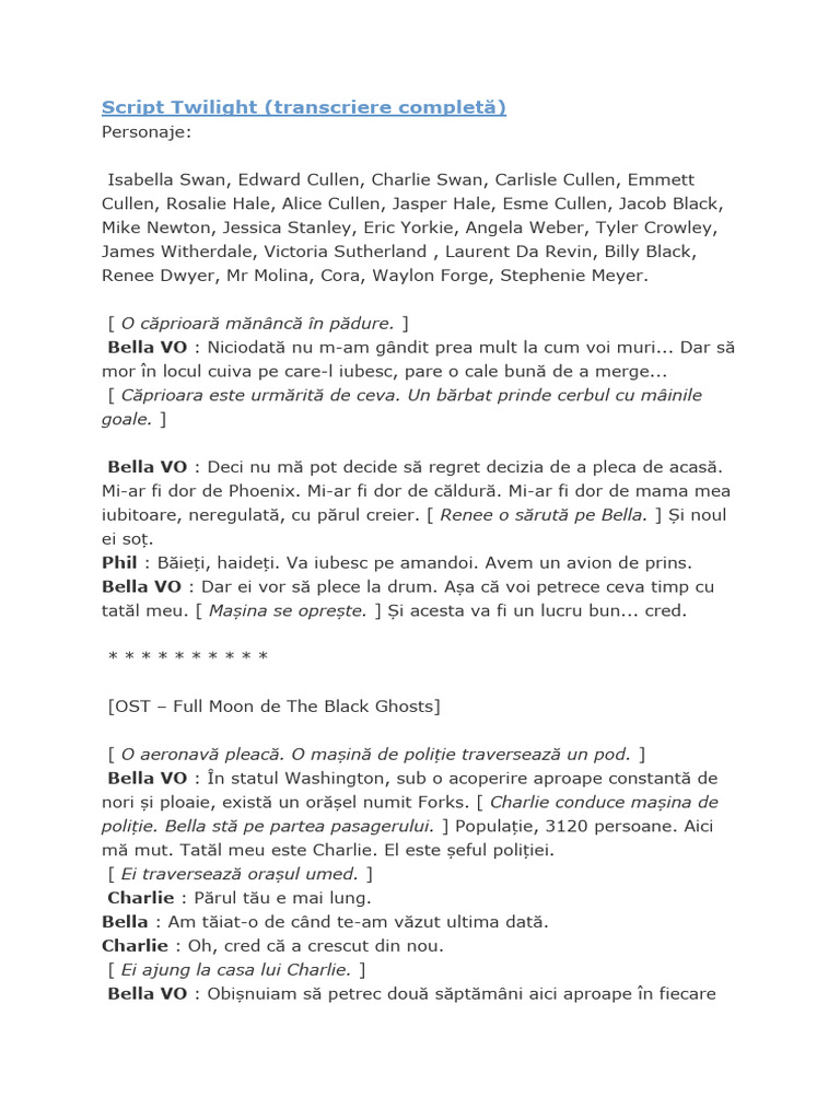 Script Twilight (Transcriere Completă) : Mâini.) | PDF
