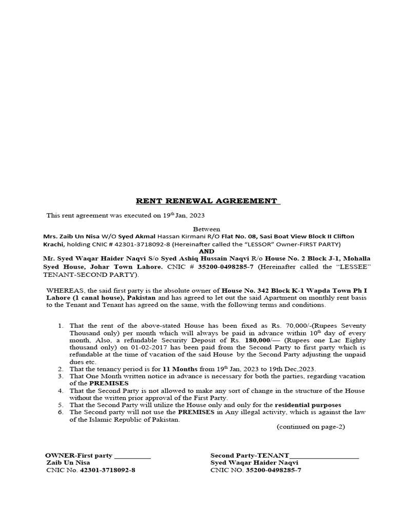 Rent Renewal Agreement for Flat | PDF | Lease | Urban