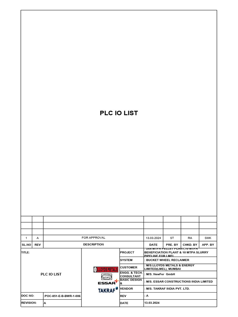 PLC IO List for Bucket Wheel Reclaimer | PDF | Electrical Engineering ...