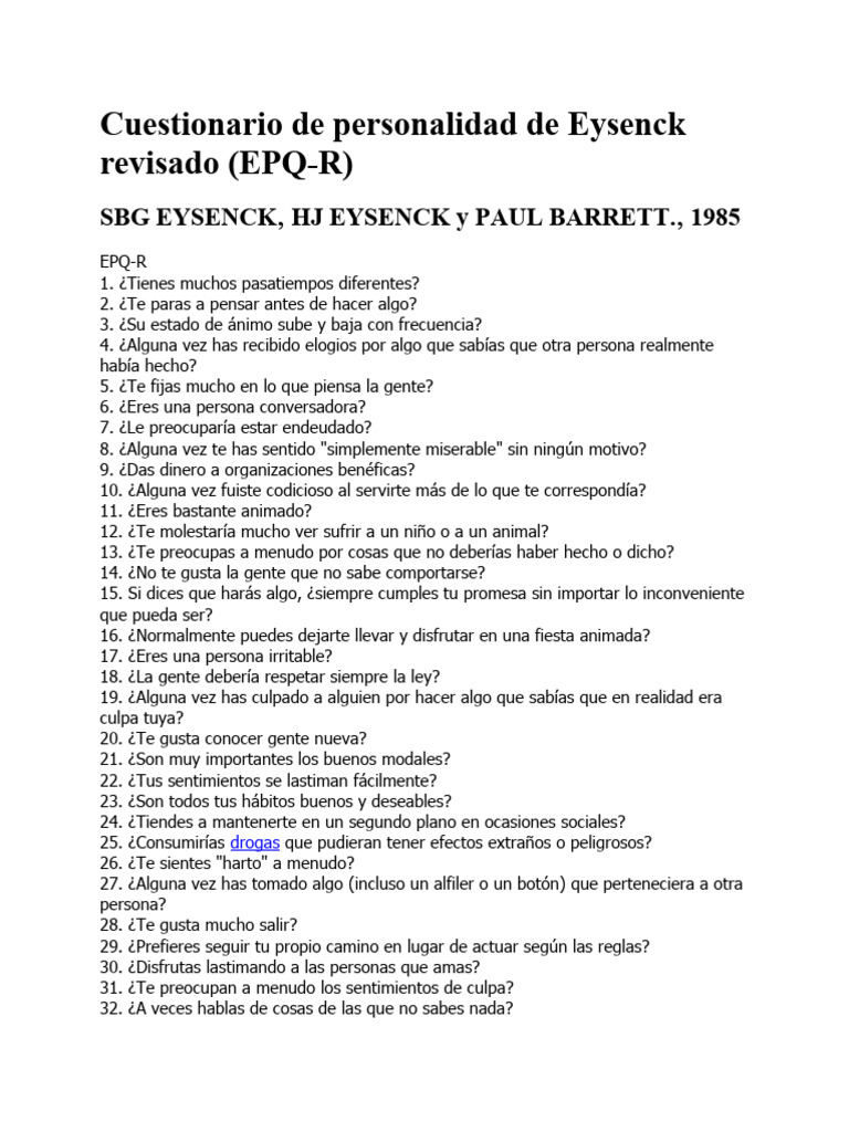 Cuestionario de Personalidad de Eysenck Revisado (EPQ-R) | PDF ...