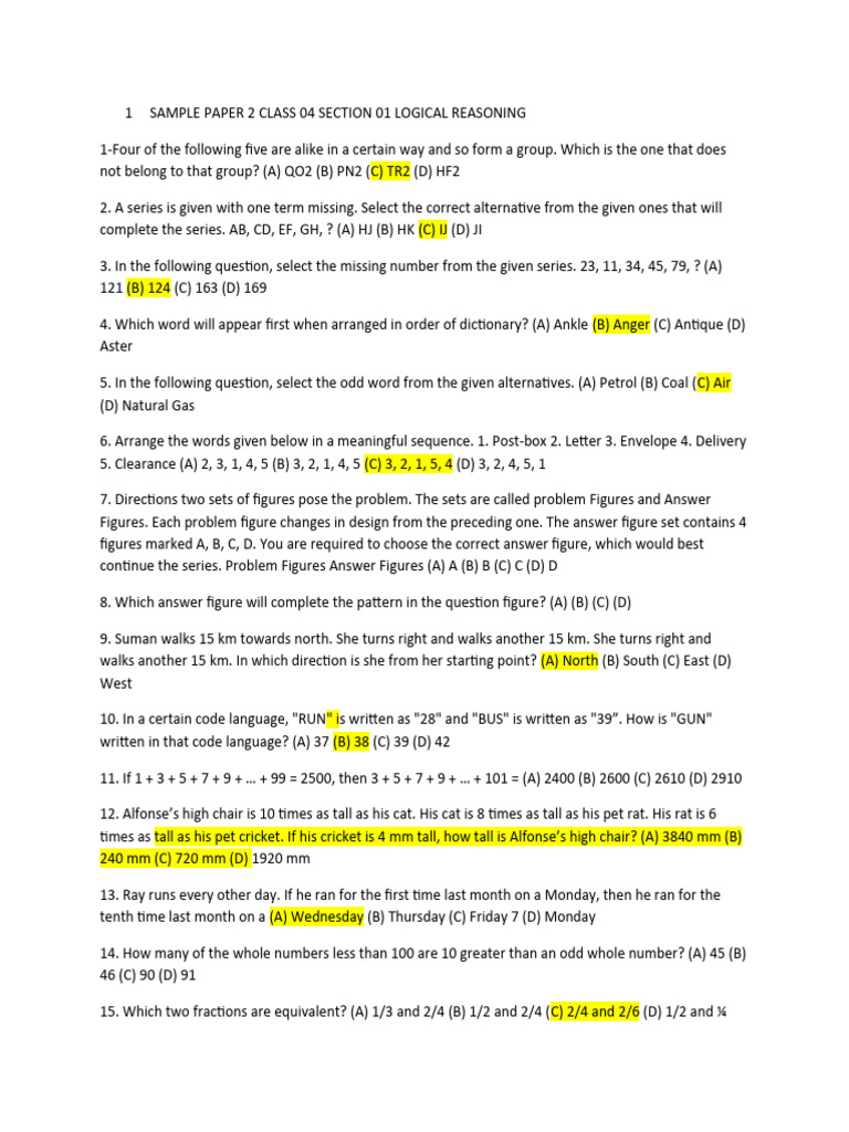 Sample Paper 2 Class 04 Section 01 Logical Reasoning | PDF | Mathematics