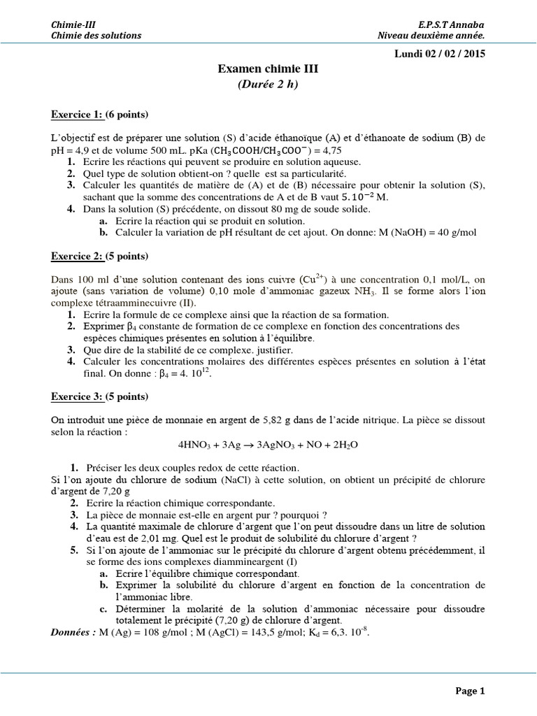 Examen de Chimie des Solutions 2ème Année | PDF | Chlore | Réaction d ...