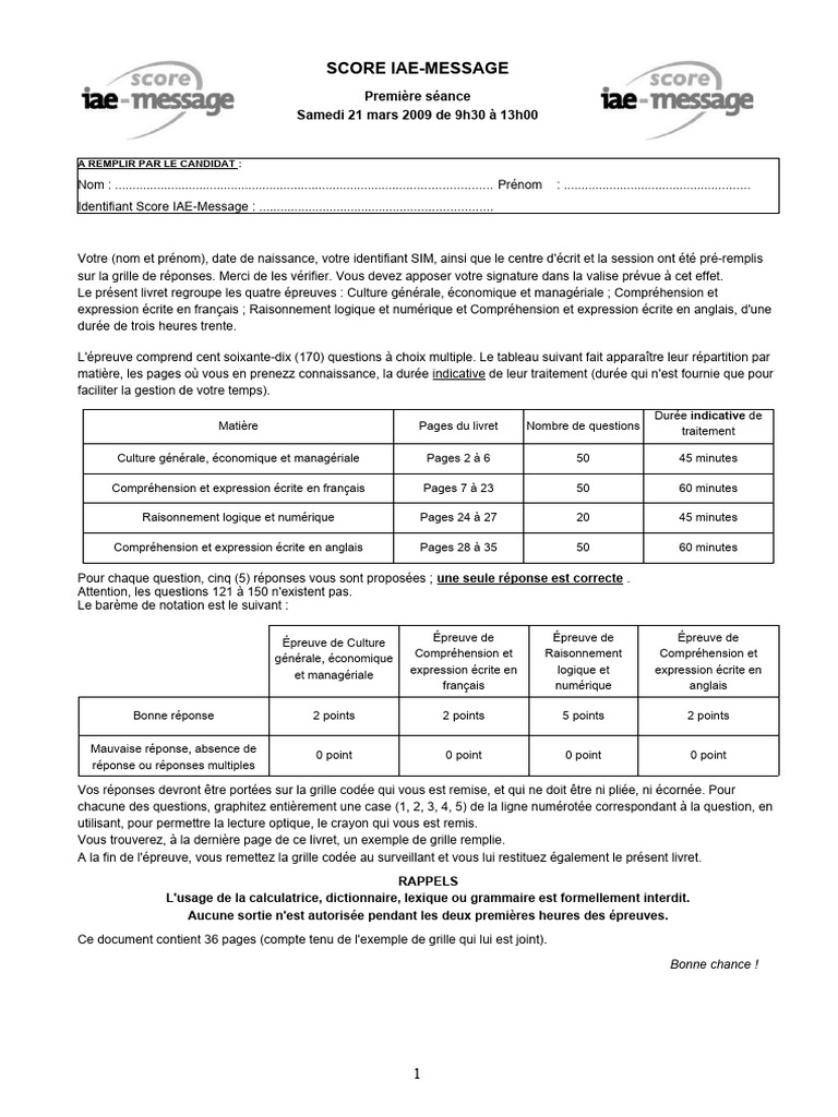 Score IAE-Message 2025 : Guide et Exemples | PDF