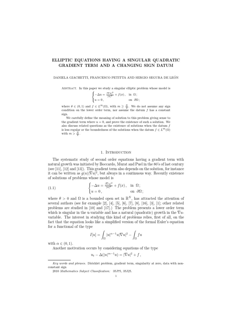 Elliptic Equations Having A Singular Qua | PDF | Equations | Function ...