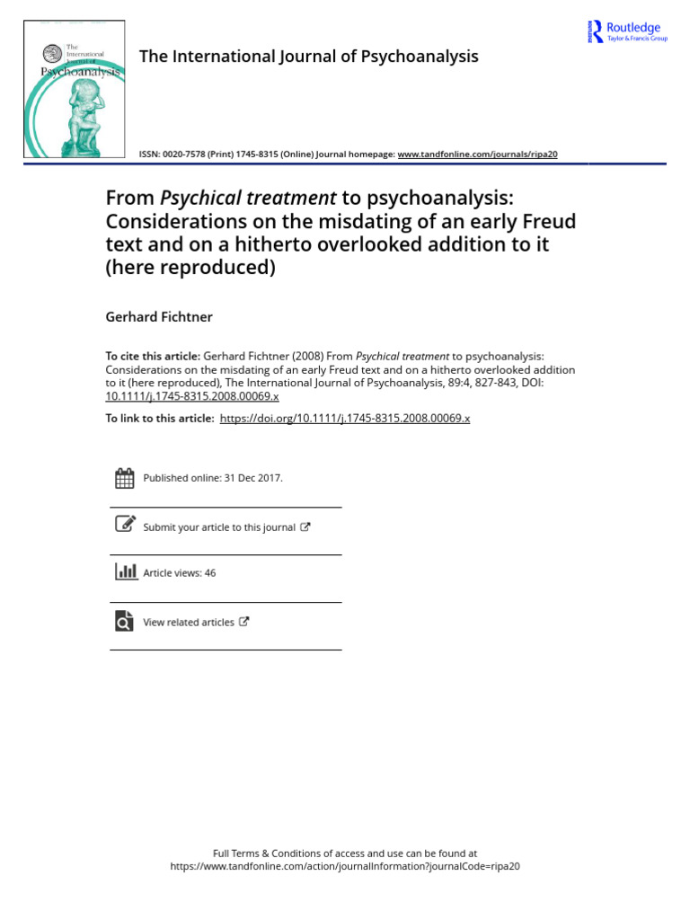 Fichtner, Gerhard. From Psychical Treatment To Psychoanalysis ...