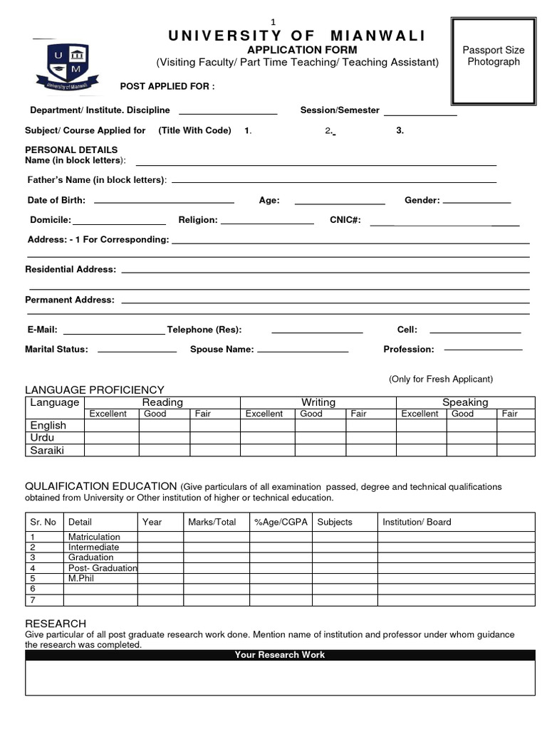 University of Mianwali Faculty Application Form | PDF
