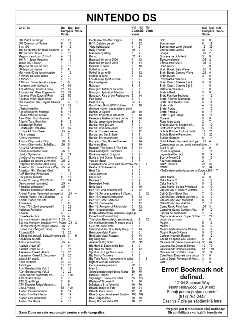 Un Catalog de Jocuri Nintendo DS Folosite Și Noi | PDF