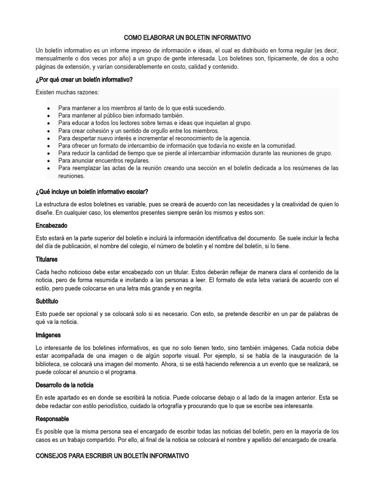 Como Elaborar Un Boletin Informativo Pdf Información Sumario