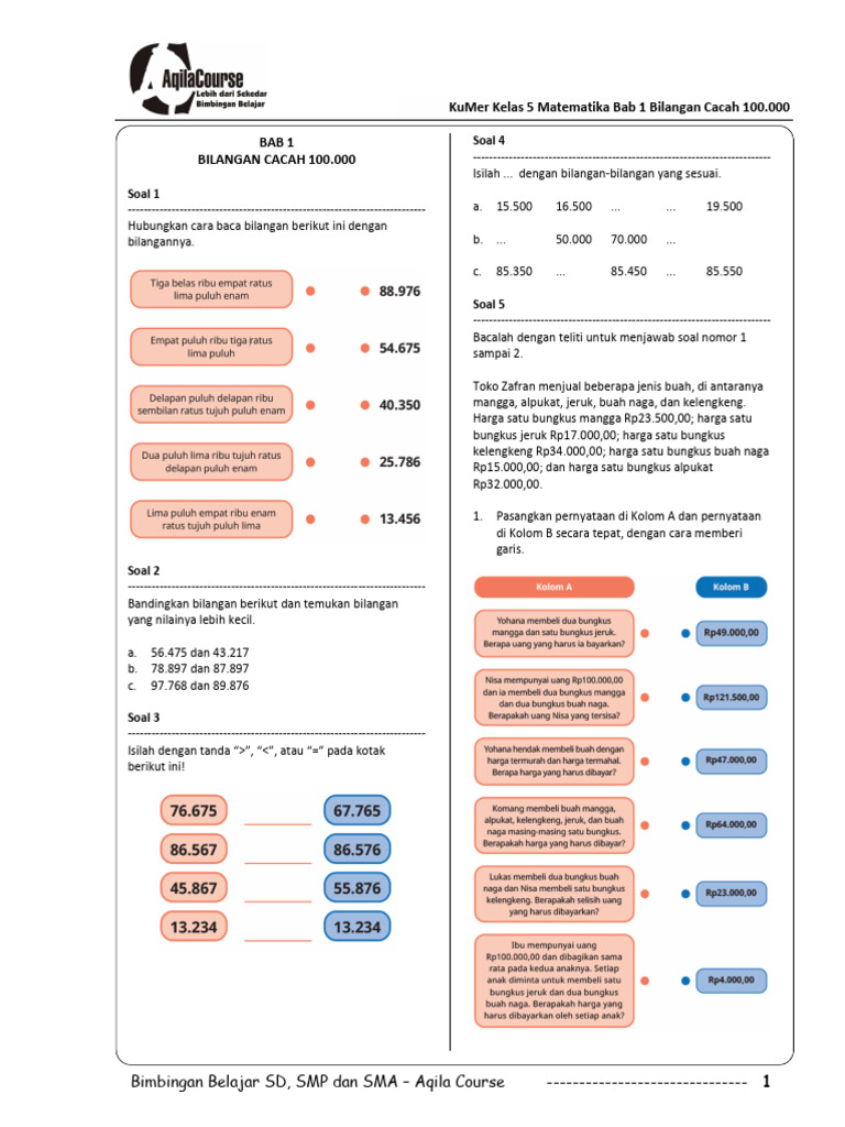 Kelas 5 Matematika Bab 1 Bilangan Cacah 100.000 Kumer 2022 | PDF