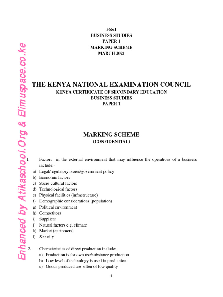 KCSE 2021 Business Studies Paper 1 Marking | PDF | Investing | Taxes
