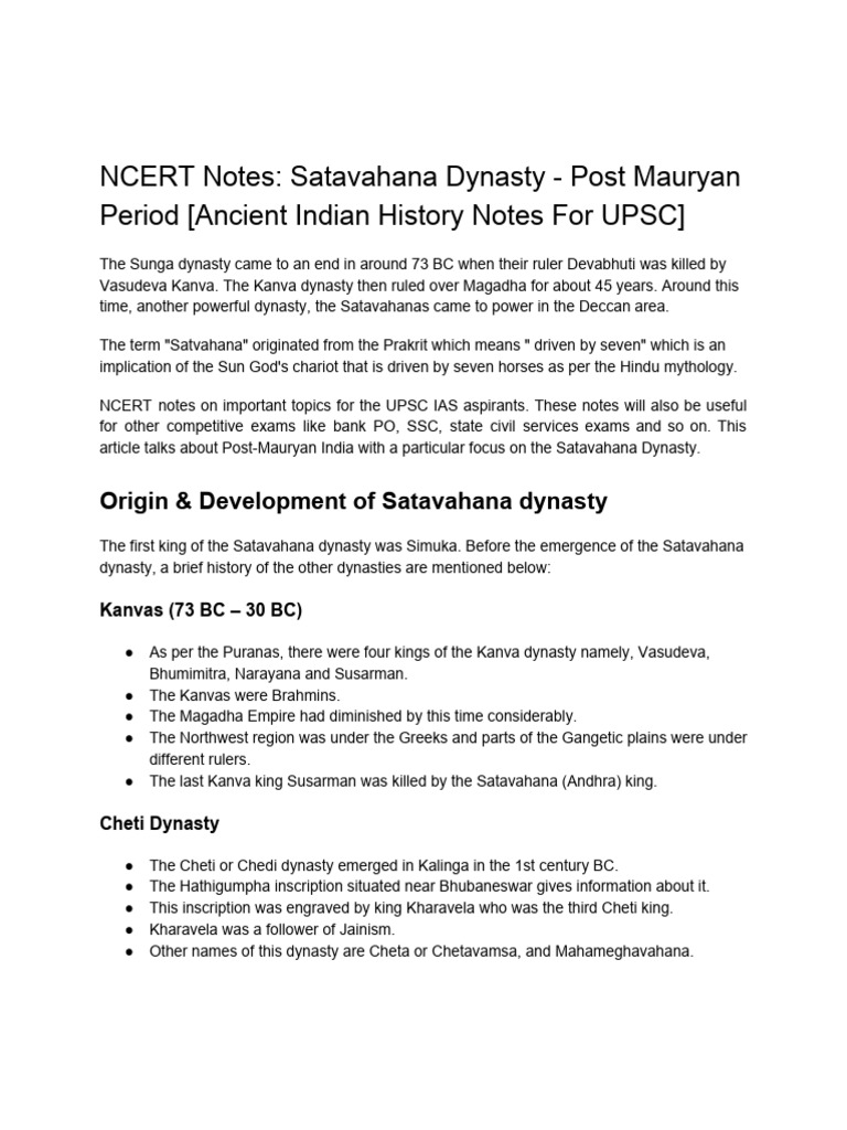 Ncert notes satavahana dynasty post mauryan period ancient indian