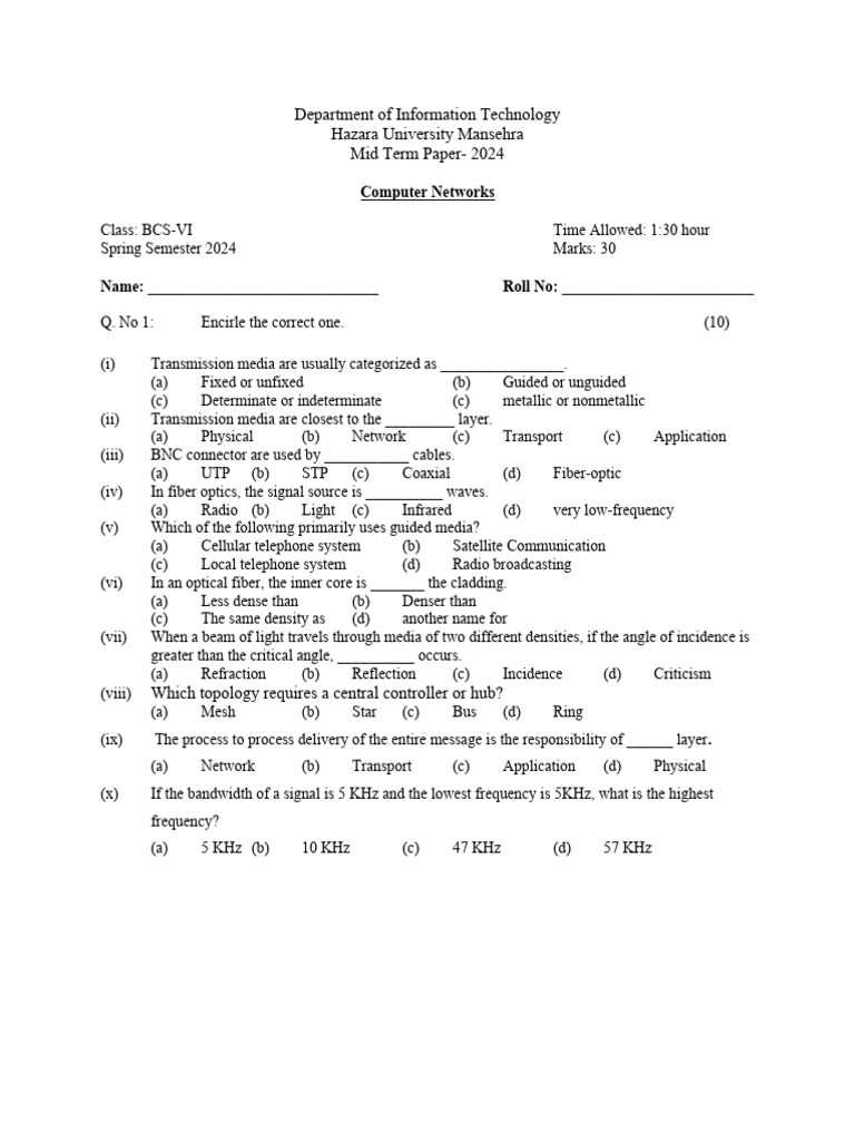 Computer Networks Mid Term Paper 2024 | PDF | Transmission Medium ...