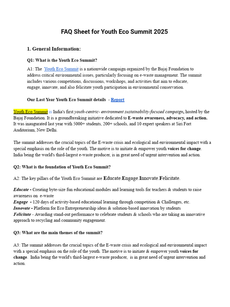 FAQ Sheet For Youth Eco Summit 2025 Mother | PDF | Teachers ...