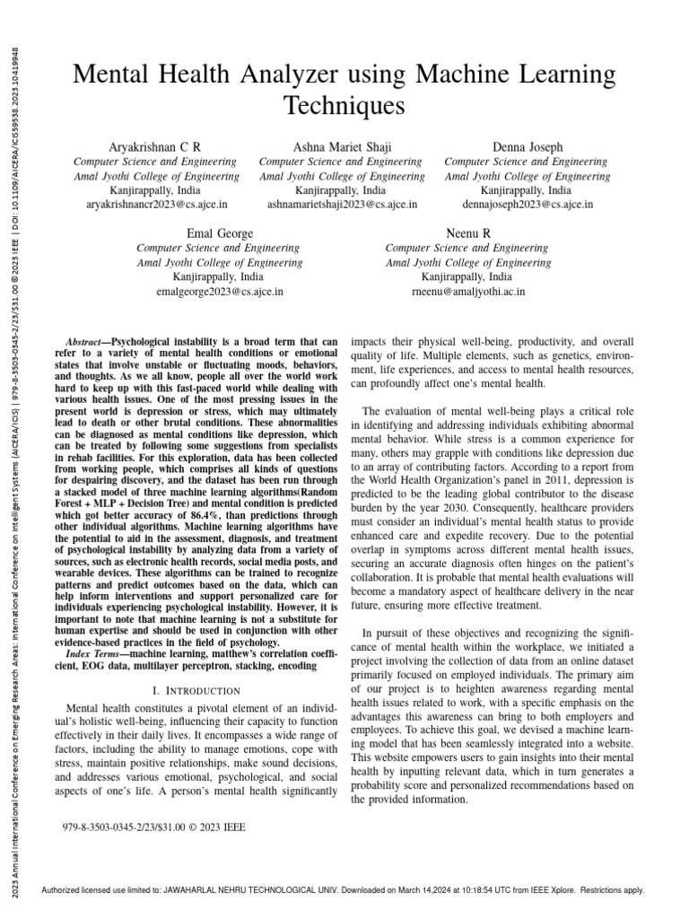 Machine Learning for Mental Health Analysis | PDF | Machine Learning ...