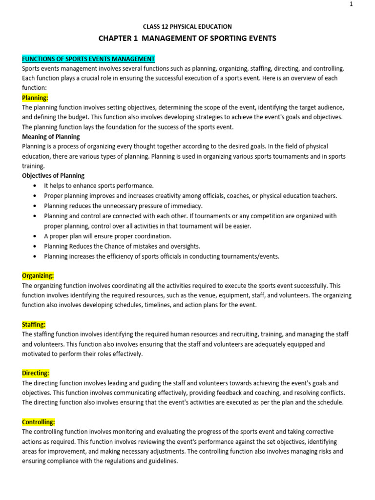 Chapter 1 Management of Sports Events Xii Download Free PDF
