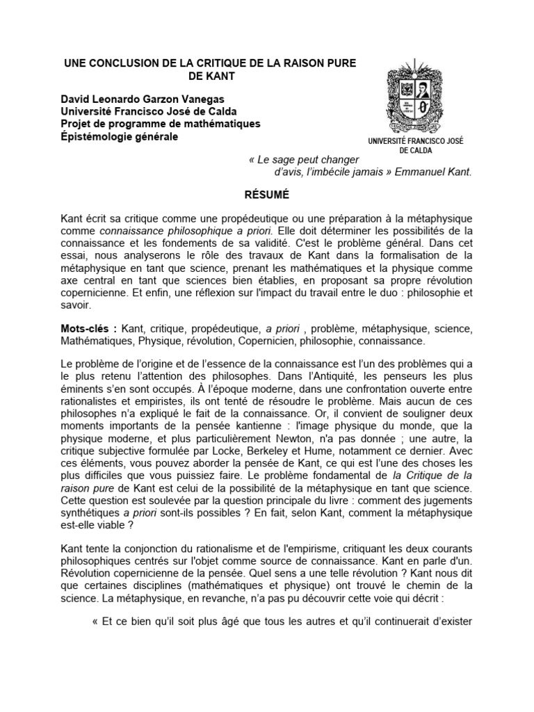 Analyse de la Critique de Kant | PDF | Critique de la raison pure ...