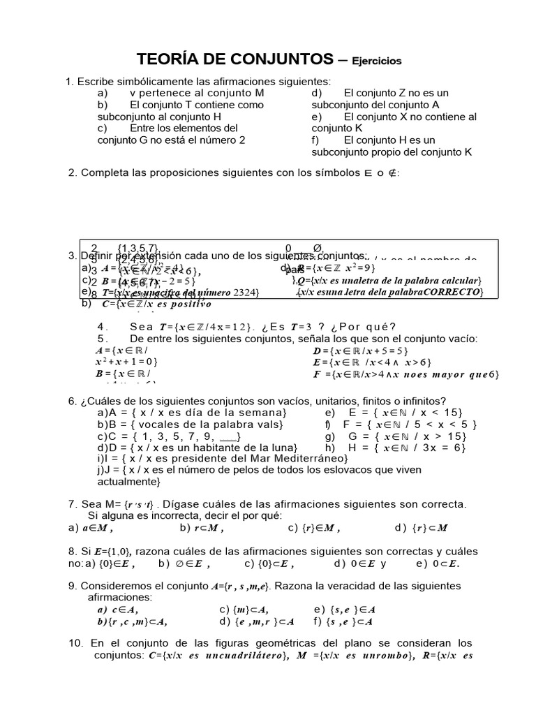 Ejercicios Teoria de Conjuntos | PDF | Conjunto (Matemáticas) | Objetos ...