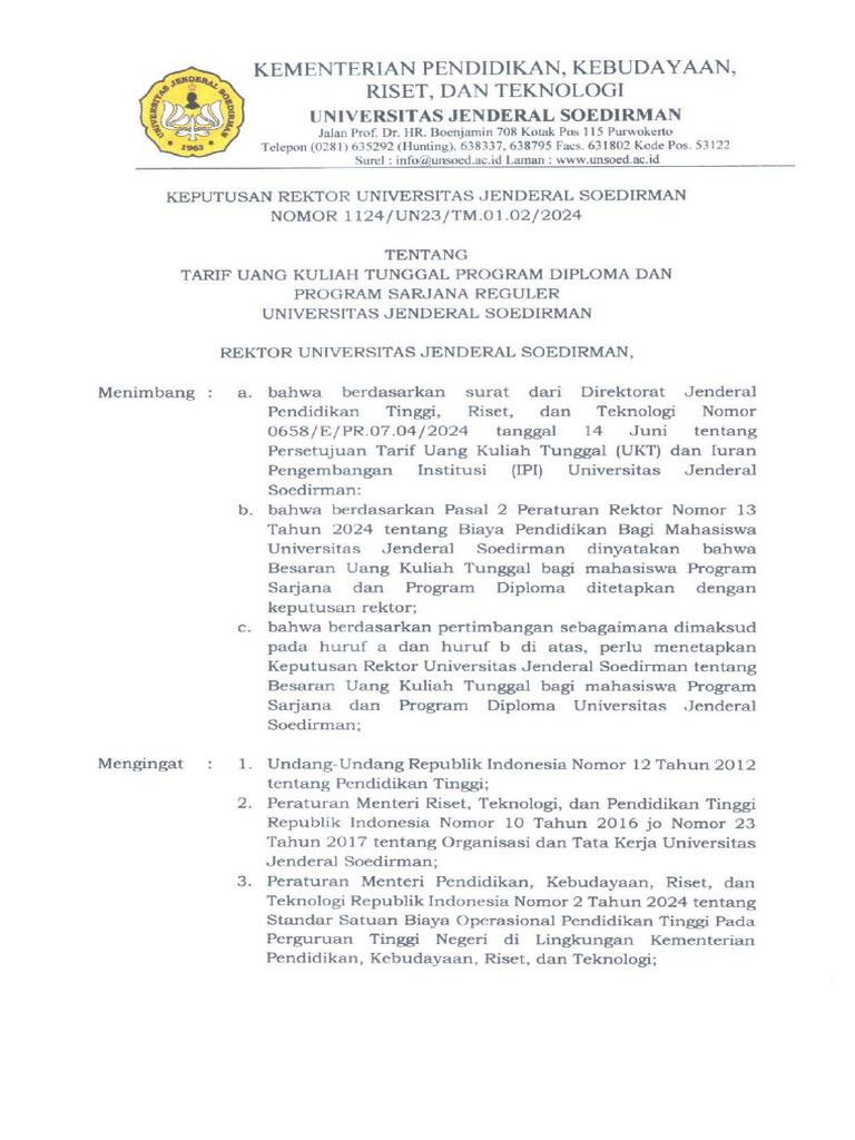 SK Rektor No 1124 Tahun 2024 Tentang Tarif Uang Kuliah Tunggal Program ...