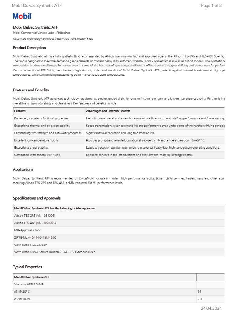 GL XX Mobil Delvac Synthetic ATF | PDF | Mechanical Engineering