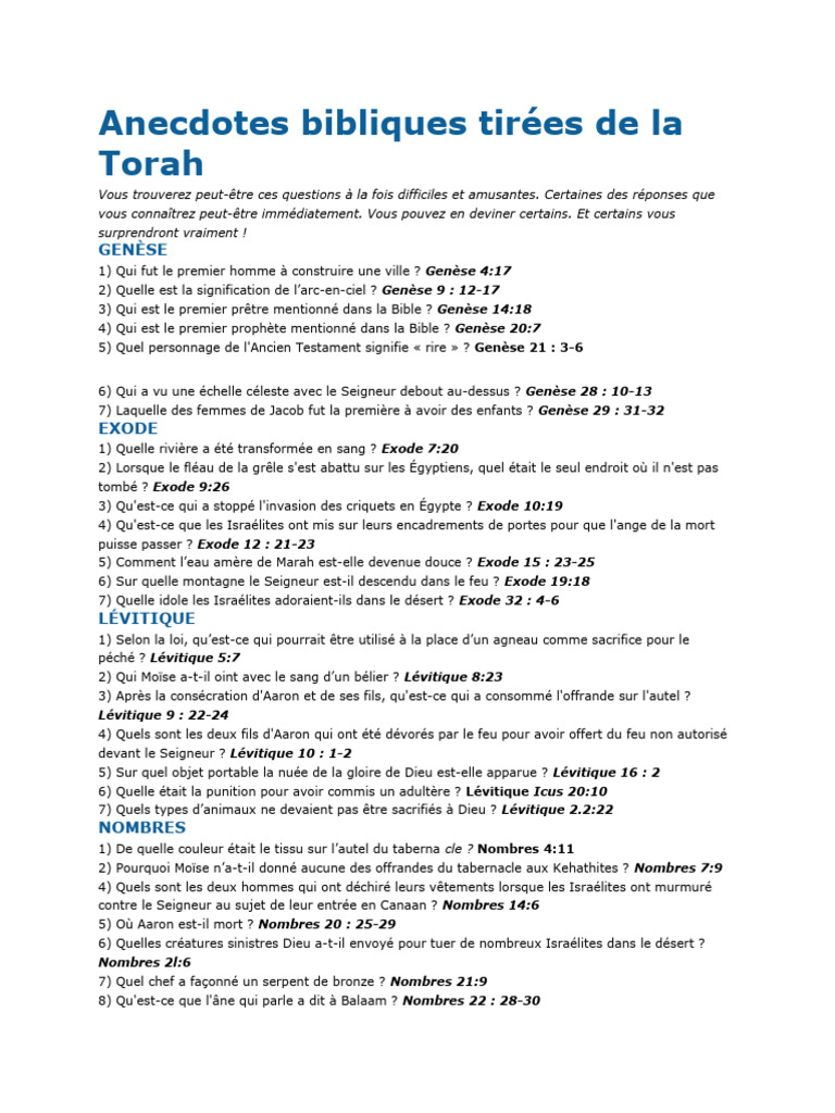 Quiz biblique sur la Torah | PDF | Jacob | Livre de la Genèse