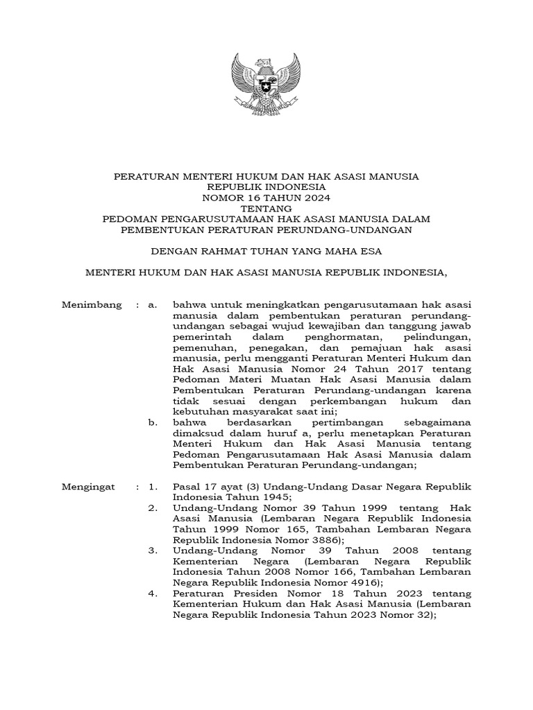 Permenkumham nomor 16 tahun 2024 pengarusutamaan ham pdf