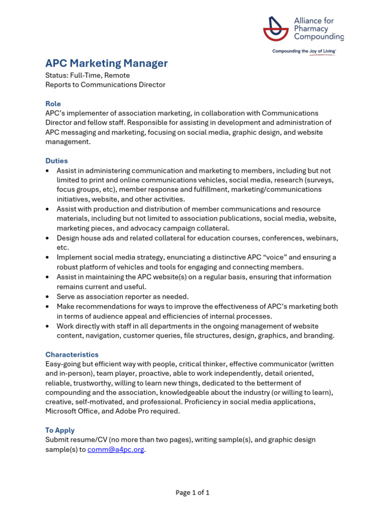 2024 APC Marketing Manager Job Description | PDF