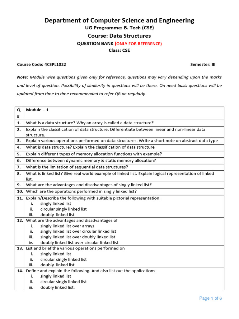 Department of computer science and engineering course data structures