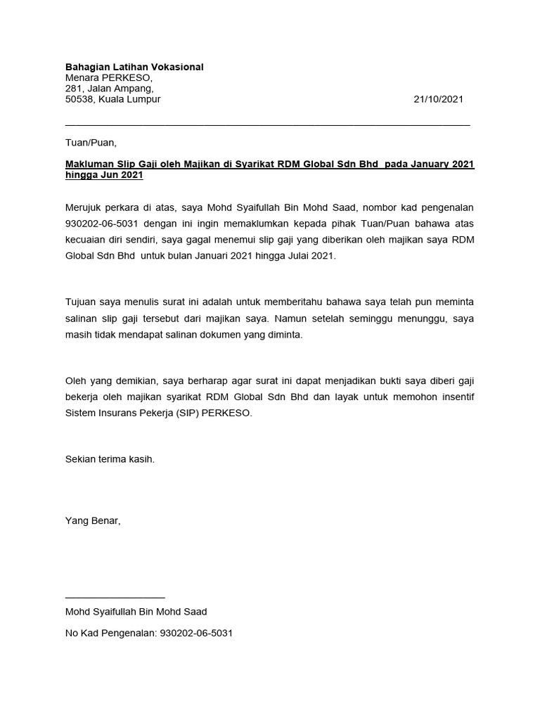 Surat Makluman Hilang Slip Gaji PDF