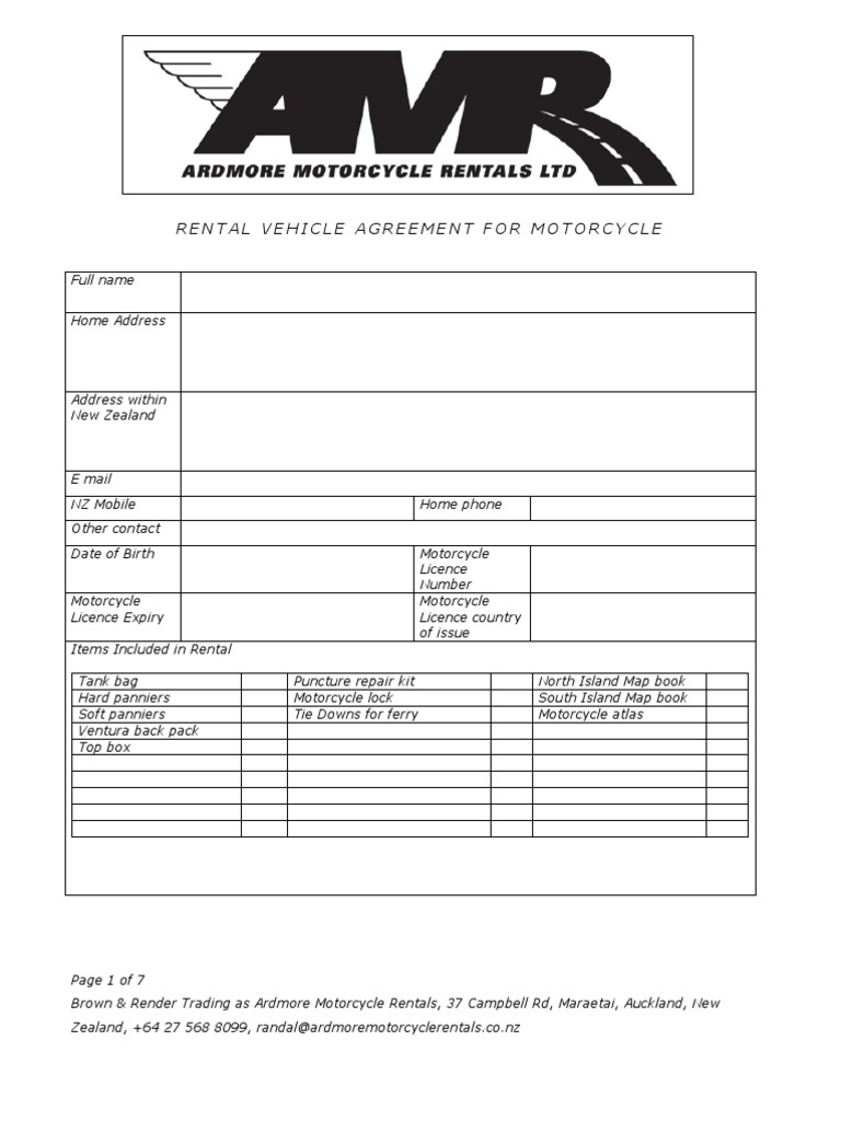 Motorcycle Rental Agreement Template | PDF | Credit Card | Motorcycle