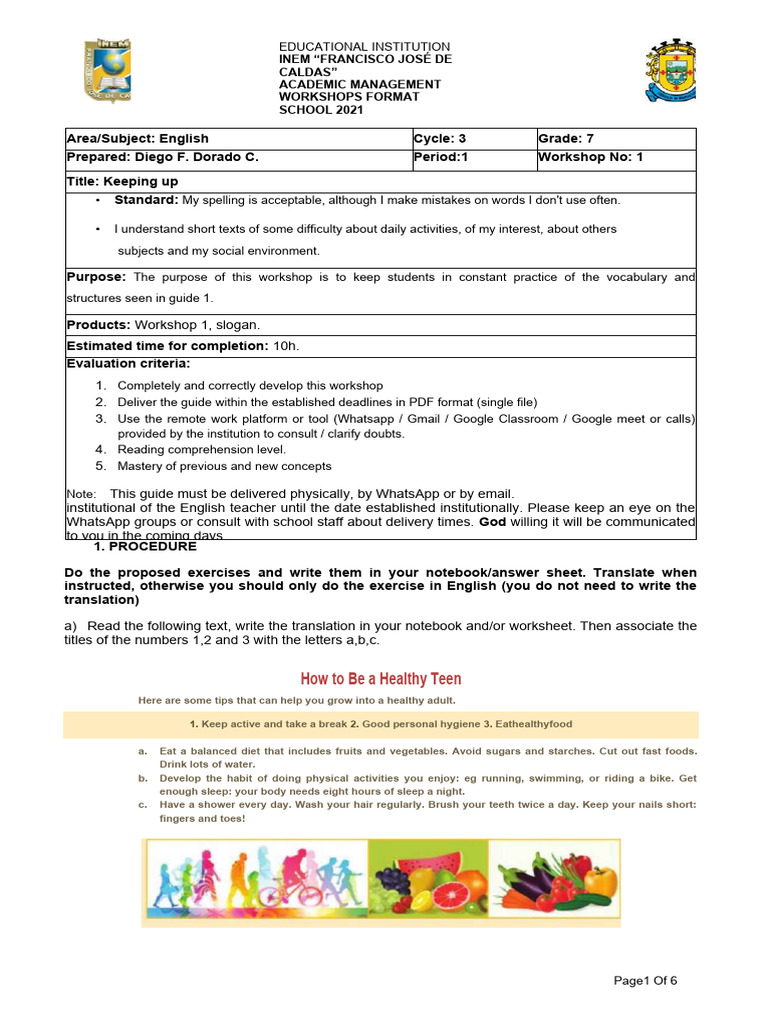 English Grade 7 Period 1 Workshop 1 | PDF | Hygiene