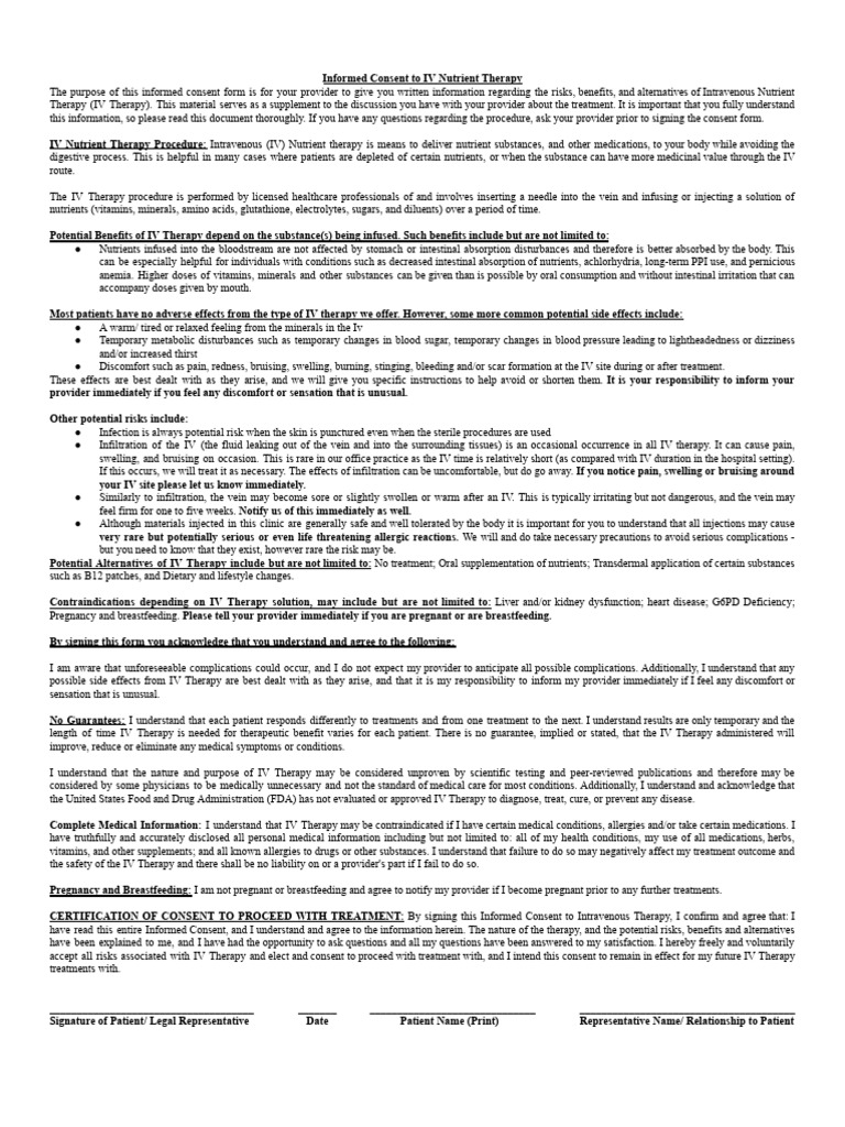 Consent Form | Download Free PDF | Intravenous Therapy | Nutrients