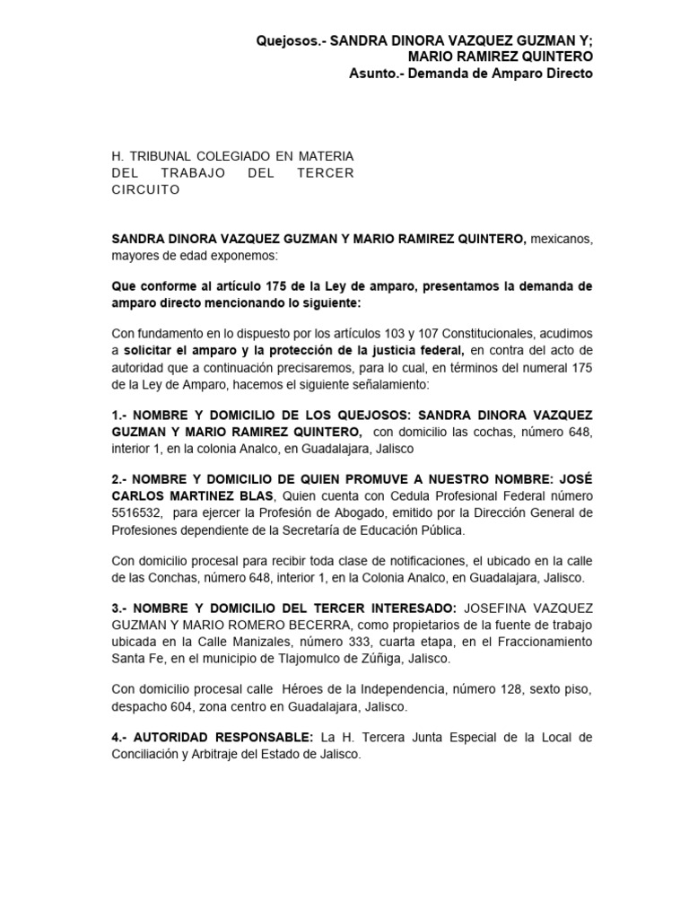Demanda de Amparo Directo en Jalisco | PDF | Caso de ley | Demanda judicial