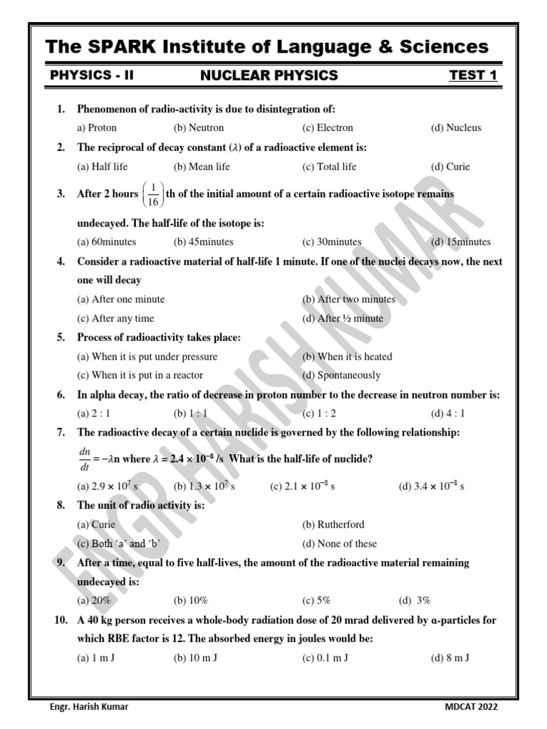 Nuclear Physics Test Questions MDCAT 2022 | PDF | Radioactive Decay ...