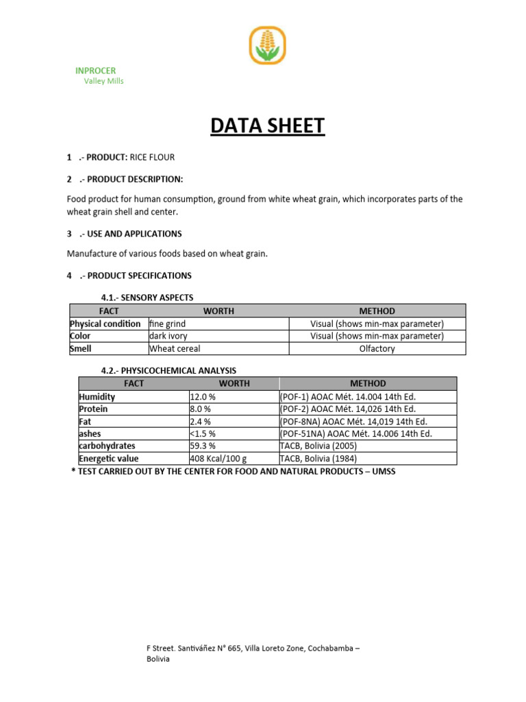 Rice Flour Product Specifications | PDF | Flour | Grain