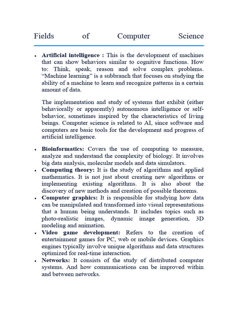 Fields of Computer Science | PDF | Computer Science | Artificial ...