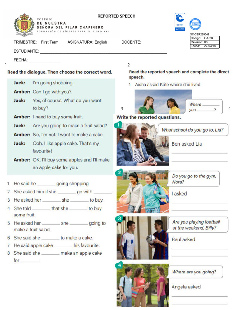Reported Speech QUIZ 8TH Grade | PDF
